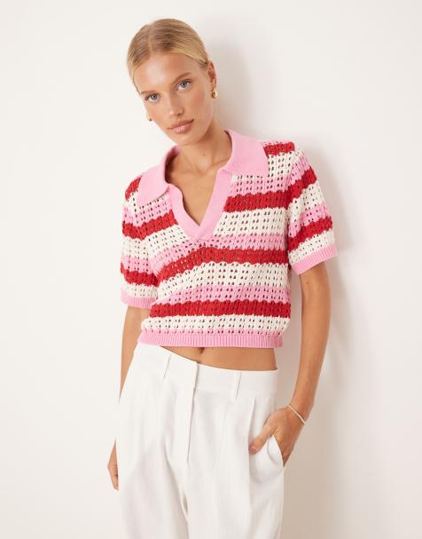 Brave Soul Stripe pointelle knit collared t-shirt in pink