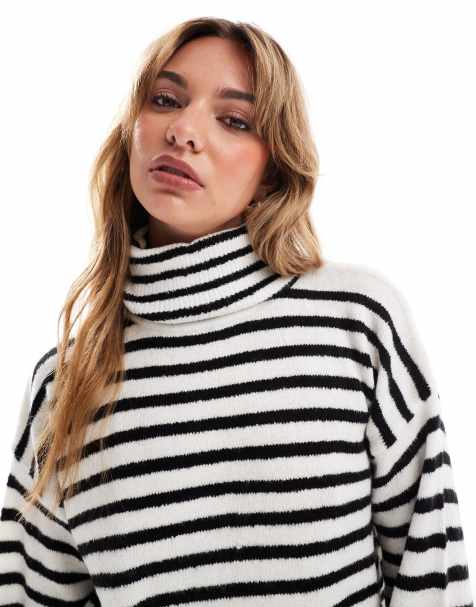 Brave Soul stripe roll neck jumper in cream and black - view 1