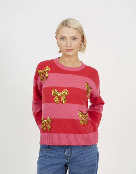 Brave Soul Stripe sequin detail christmas jumper in red - view 1