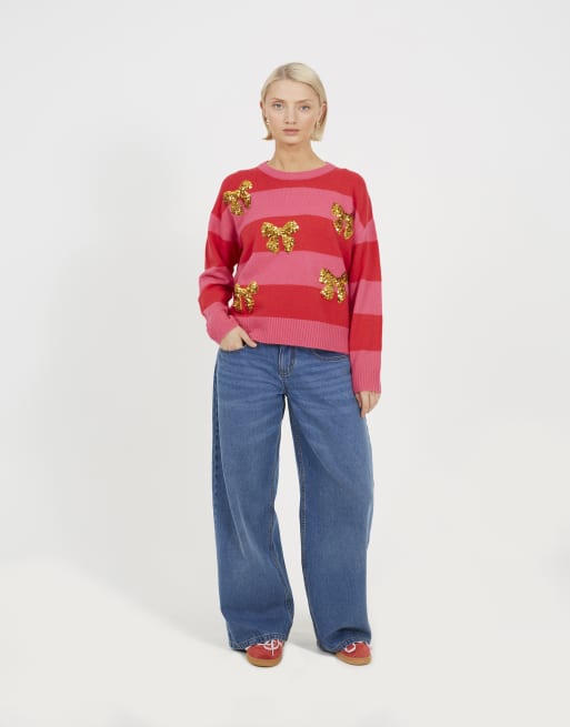Brave Soul Stripe sequin detail christmas jumper in red, 3 of 4