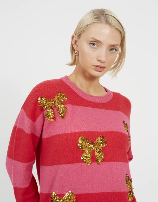 Brave Soul Stripe sequin detail christmas jumper in red, 4 of 4