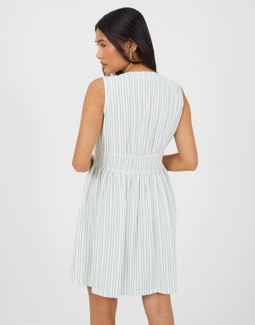 Brave Soul Stripe sleeveless mini dress with button details in green, 2 of 4