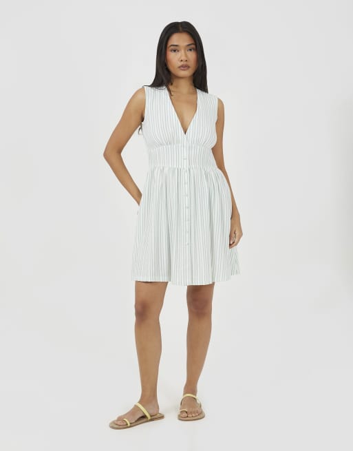 Brave Soul Stripe sleeveless mini dress with button details in green, 3 of 4