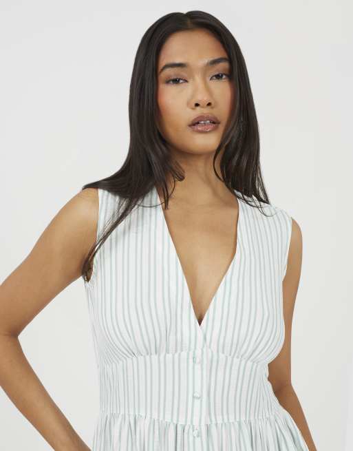 Brave Soul Stripe sleeveless mini dress with button details in green, 4 of 4