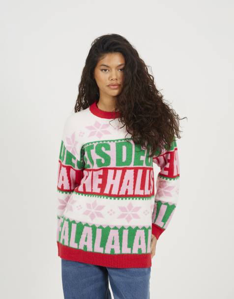 Brave Soul Stripe slogan christmas jumper in cream
