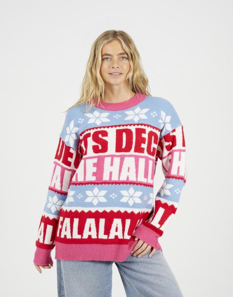 Brave Soul Stripe slogan christmas jumper in pink