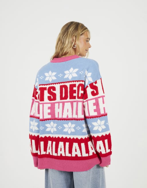 Brave Soul Stripe slogan christmas jumper in pink, 4 of 4