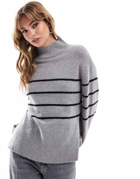Brave Soul stripe turtle neck jumper in grey - view 1