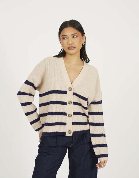 Brave Soul Stripe v-neck fisherman knit cardigan in light stone