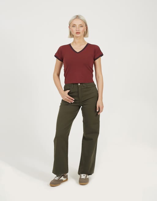 Brave Soul Stripe v-neck t-shirt in burgundy, 3 of 4