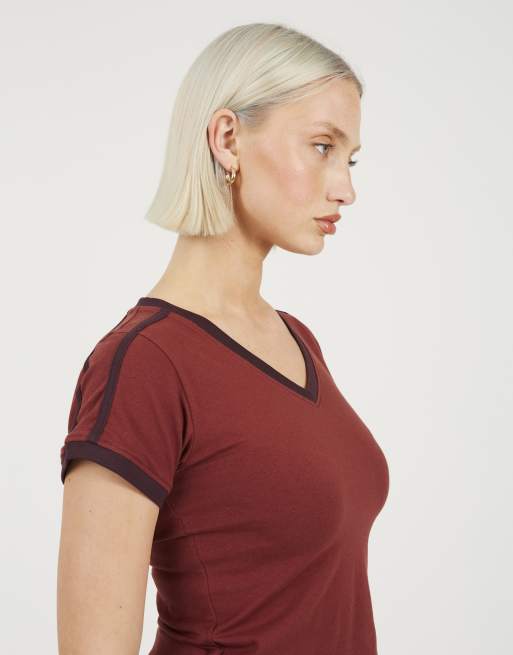 Brave Soul Stripe v-neck t-shirt in burgundy, 4 of 4