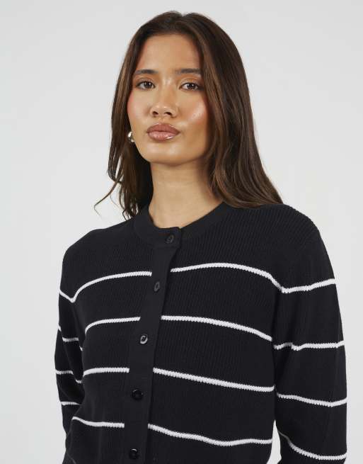 Brave Soul Striped fisherman knit cardigan in black, 3 of 4
