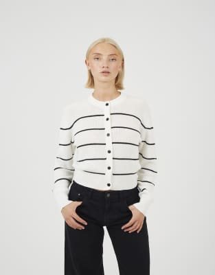 Brave Soul Striped fisherman knit cardigan in white