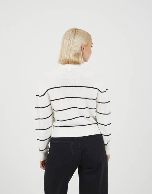 Brave Soul Striped fisherman knit cardigan in white, 3 of 4