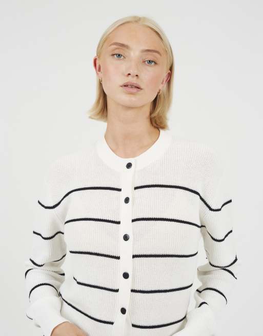 Brave Soul Striped fisherman knit cardigan in white, 4 of 4