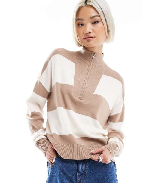 Brave Soul Striped half zip knitted jumper in camel - view 1
