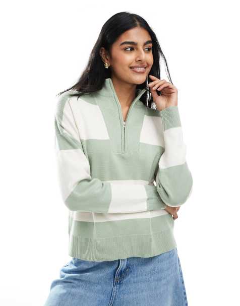 Brave Soul Striped half zip knitted jumper in pale green - view 1
