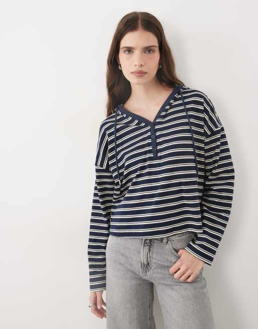 Brave Soul striped hooded henley top in navy and cream, 3 of 4