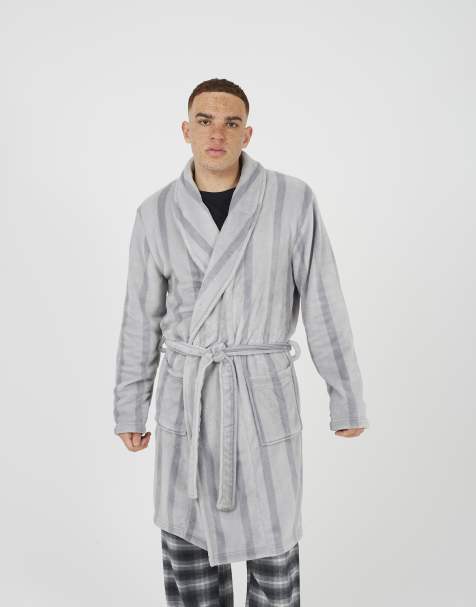 Brave Soul Striped long length sherpa dressing gown in grey - view 1