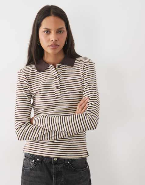 Brave Soul striped long sleeve polo neck top in brown and cream - view 1