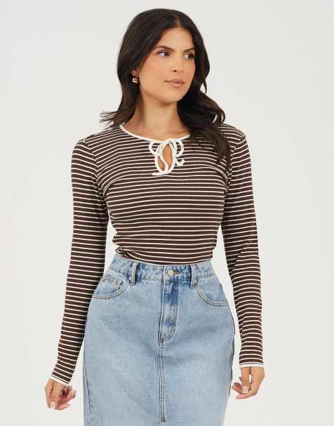 Brave Soul Striped long sleeve ribbed top in chocolate