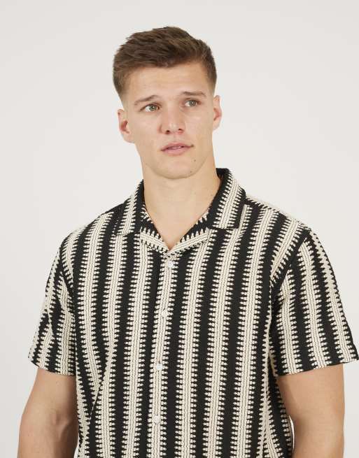 Brave Soul Striped revere collar shirt in black, 4 of 4