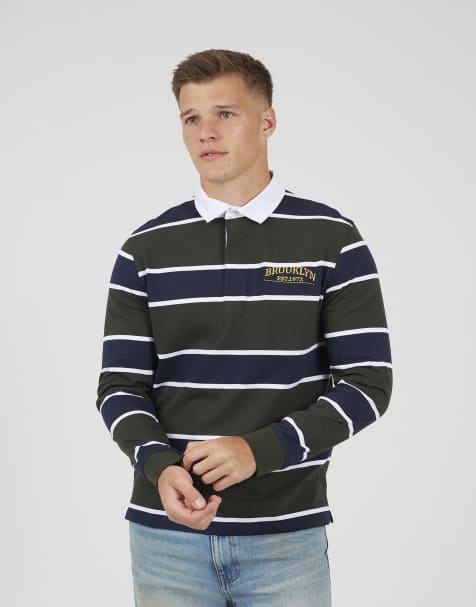 Brave Soul Striped rugby shirt in dark green - view 1