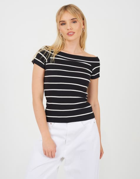 Brave Soul Striped scoop neck short sleeve top in black - view 1