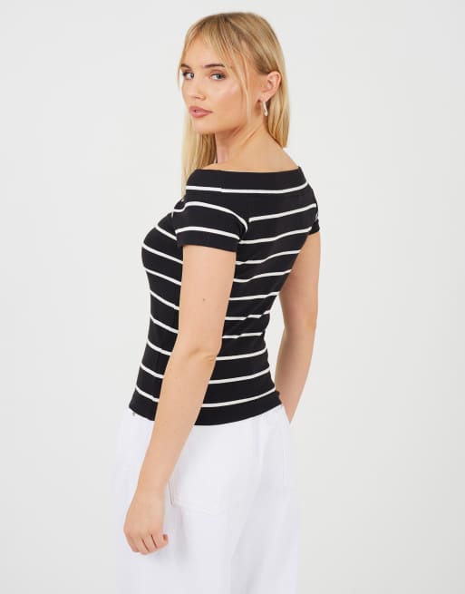 Brave Soul Striped scoop neck short sleeve top in black, 2 of 4