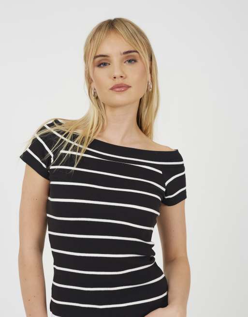 Brave Soul Striped scoop neck short sleeve top in black, 4 of 4