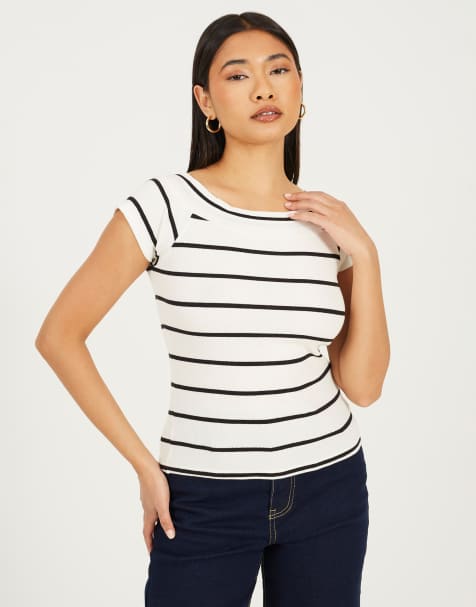 Brave Soul Striped scoop neck short sleeve top in white - view 1