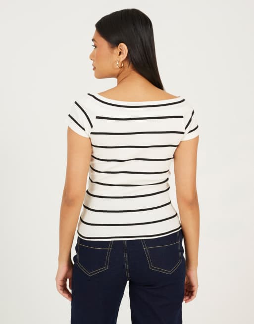 Brave Soul Striped scoop neck short sleeve top in white, 2 of 4
