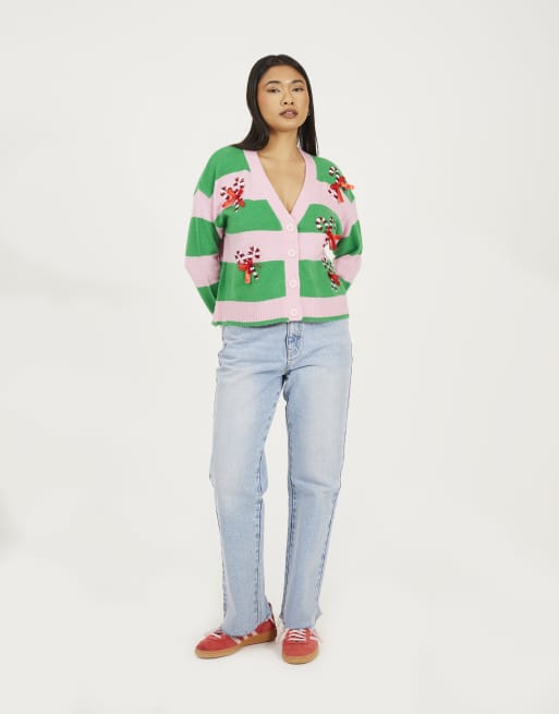 Brave Soul Striped sequin candy cane cardigan in pink, 3 of 4