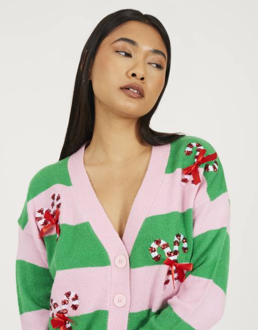 Brave Soul Striped sequin candy cane cardigan in pink, 4 of 4