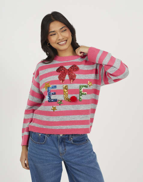 Brave Soul Striped sequin christmas jumper in pink - view 1