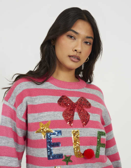 Brave Soul Striped sequin christmas jumper in pink, 4 of 4