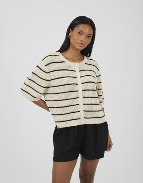 Brave Soul Striped short sleeve fisherman knit cardigan in ecru - view 1