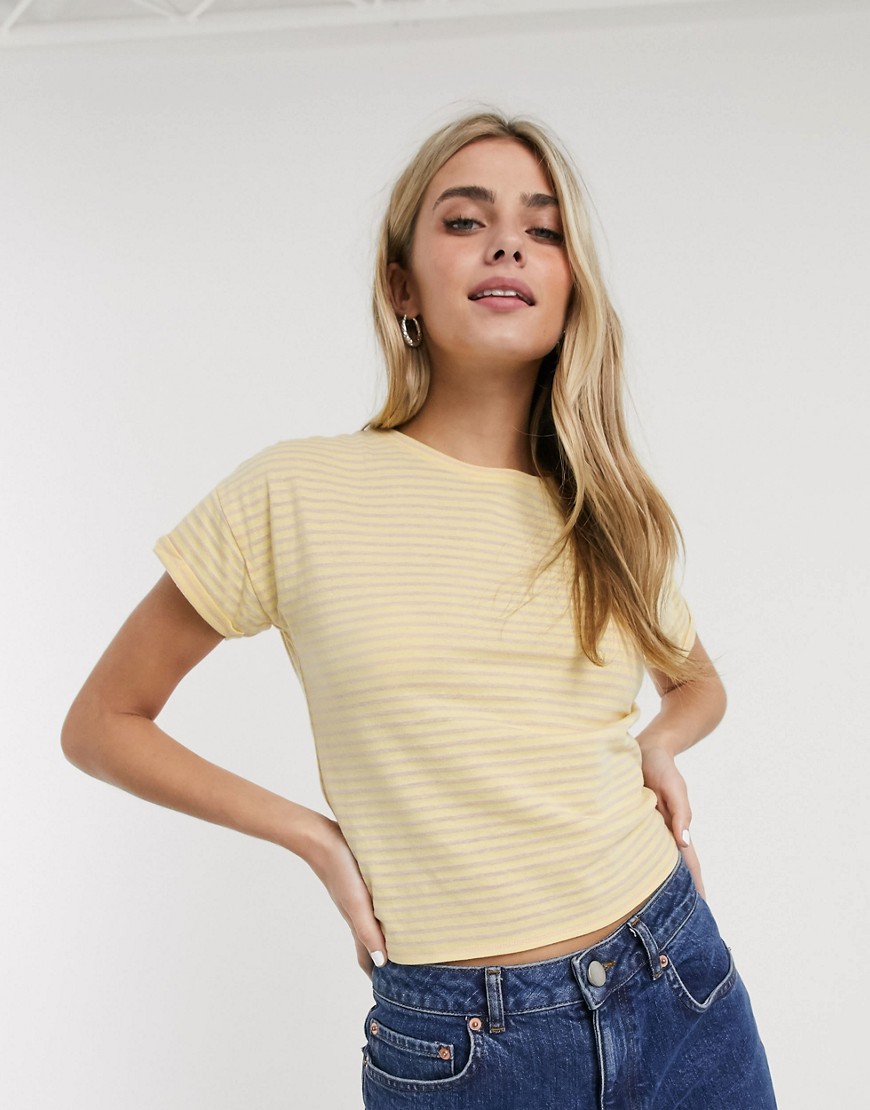 Brave Soul striped t-shirt with tie back in yellow and pink