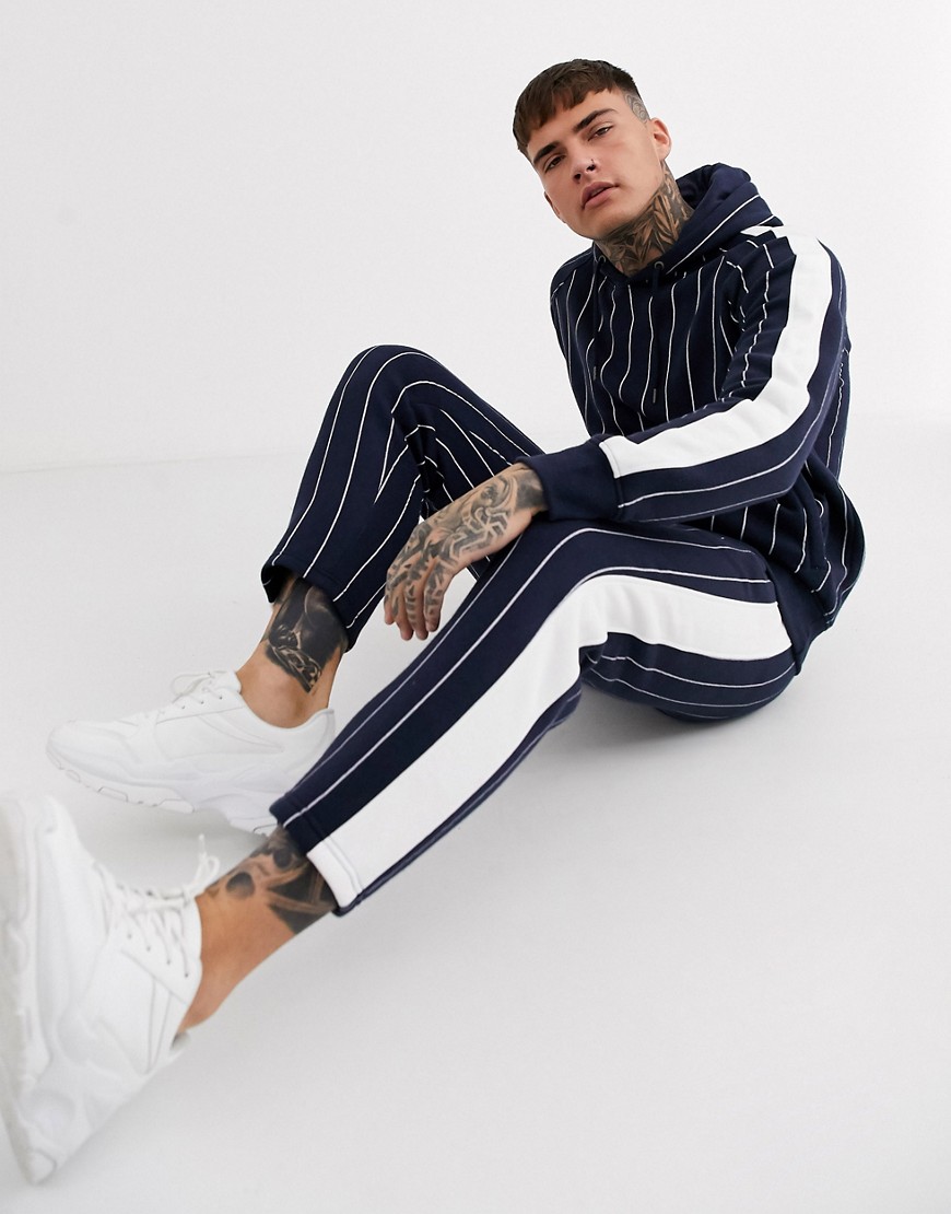 Brave Soul striped tapered trousers-Navy