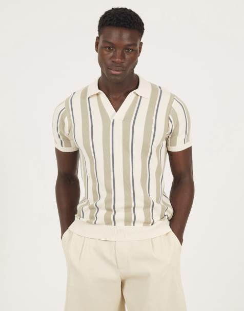 Brave Soul Striped trophy neck knitted polo shirt in green - view 1