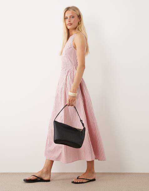 Brave Soul structured midi dress in pink & red stripe  - view 1