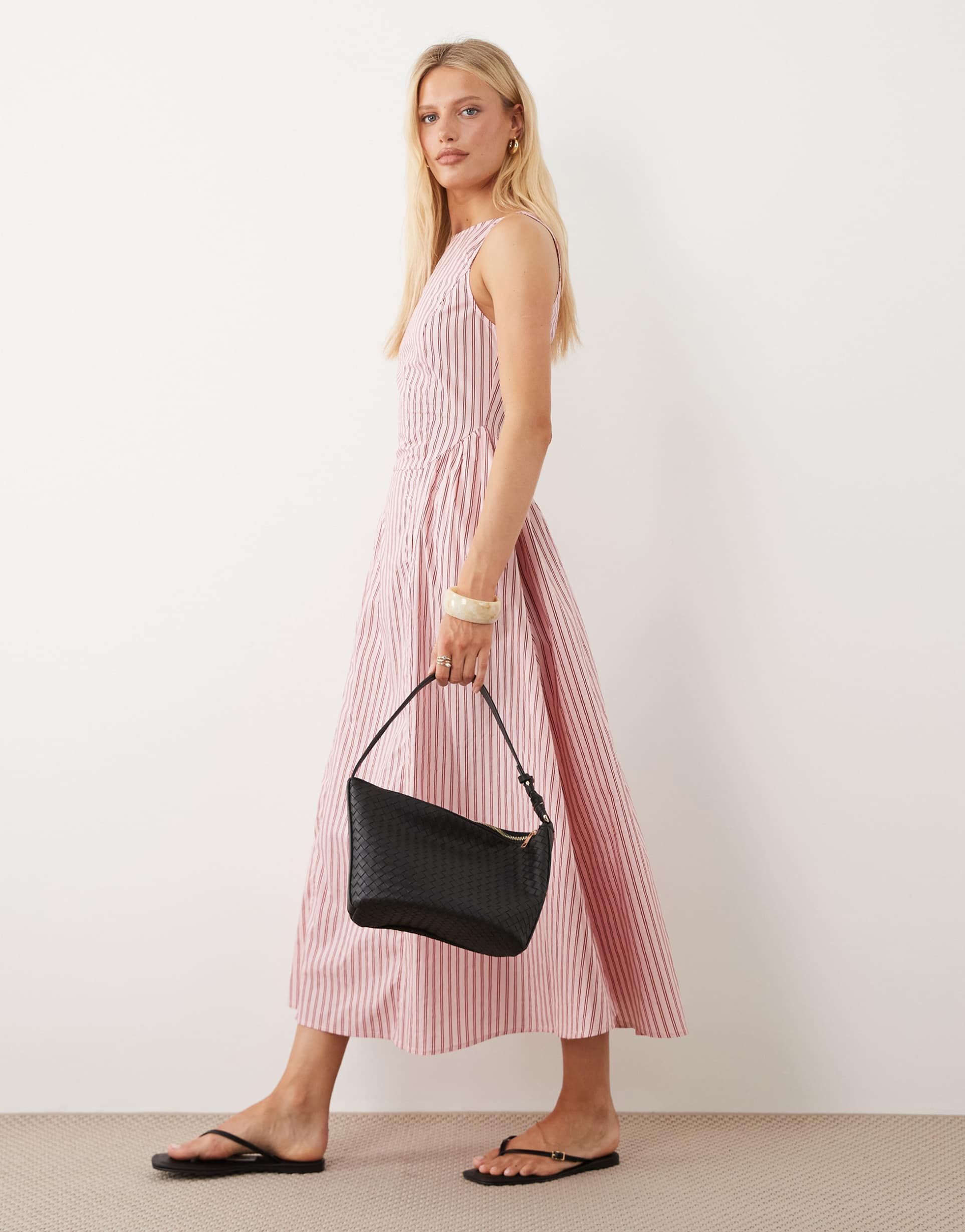 brave soul structured midi dress in pink & red stripes