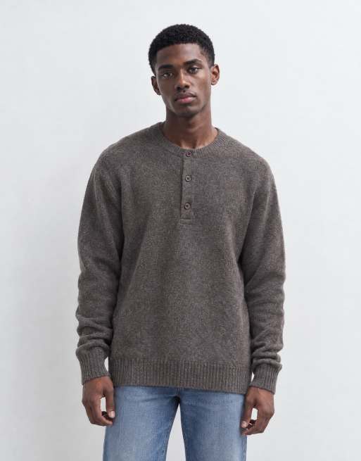 Brave Soul Studio dzianinowy sweter henley w kolorze brązowy melanż, 11 z 11