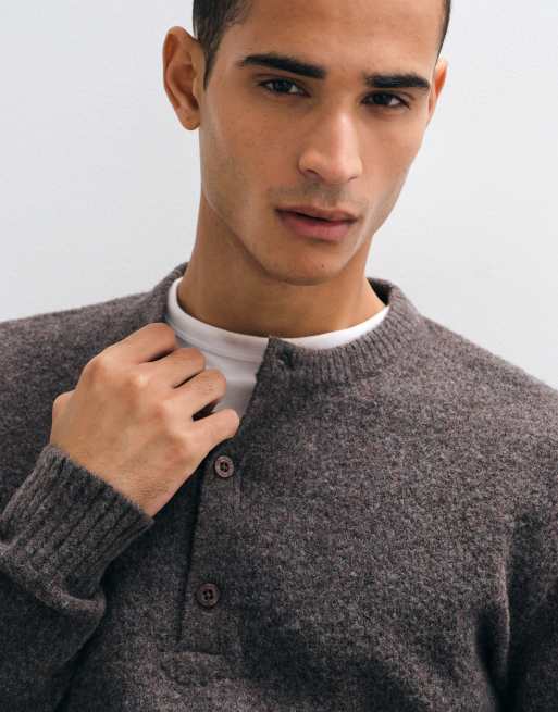 Brave Soul Studio dzianinowy sweter henley w kolorze brązowy melanż, 3 z 11
