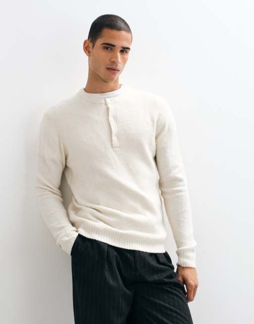 Brave Soul Studio pull en maille col henley chiné avoine, 3 de 9