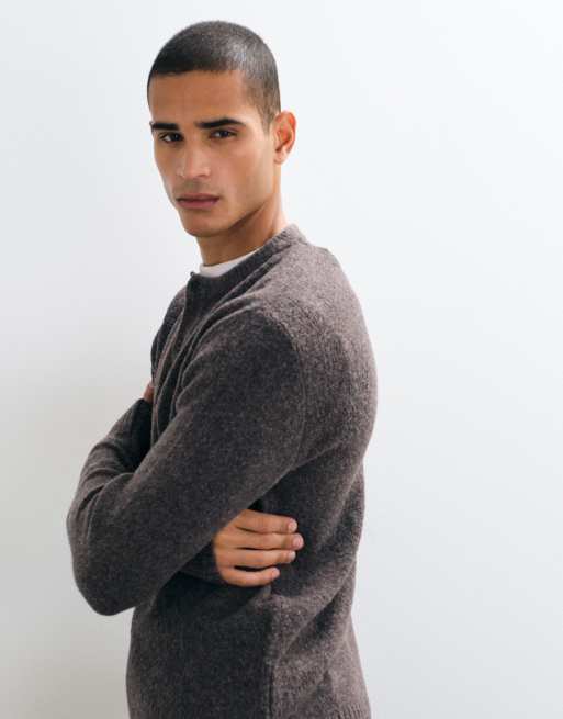 Brave Soul Studio pull en maille henley marron chiné, 4 de 11