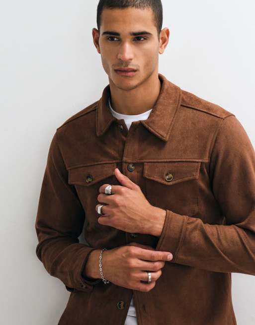 Brave Soul Studio suede look overshirt in chestnut, 3 of 5