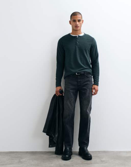 Brave Soul Studio Waffel-Henley-Top in Dunkelgrün, 2 von 5