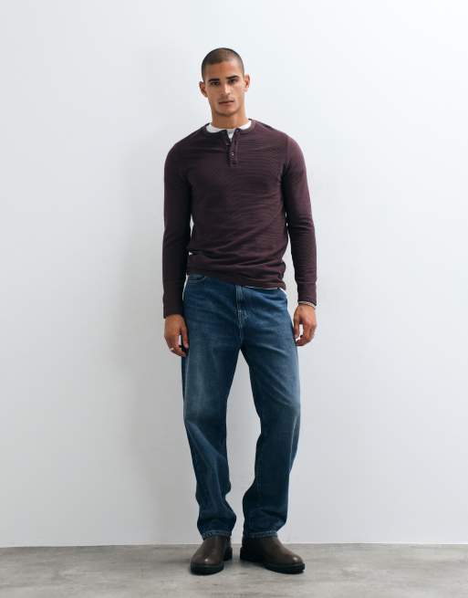 Brave Soul Studio waffle henley top in burgundy, 2 of 5