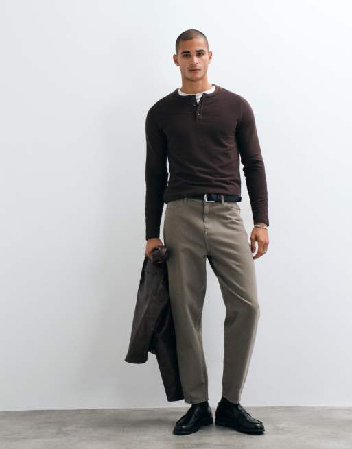 Brave Soul Studio waffle henley top in dark brown, 2 of 5